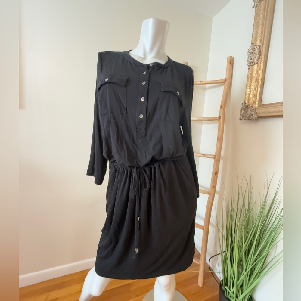 L.L. Bean 3/4 Sleeve Soft Knit Drawstring Waist Casual Dress Black Med